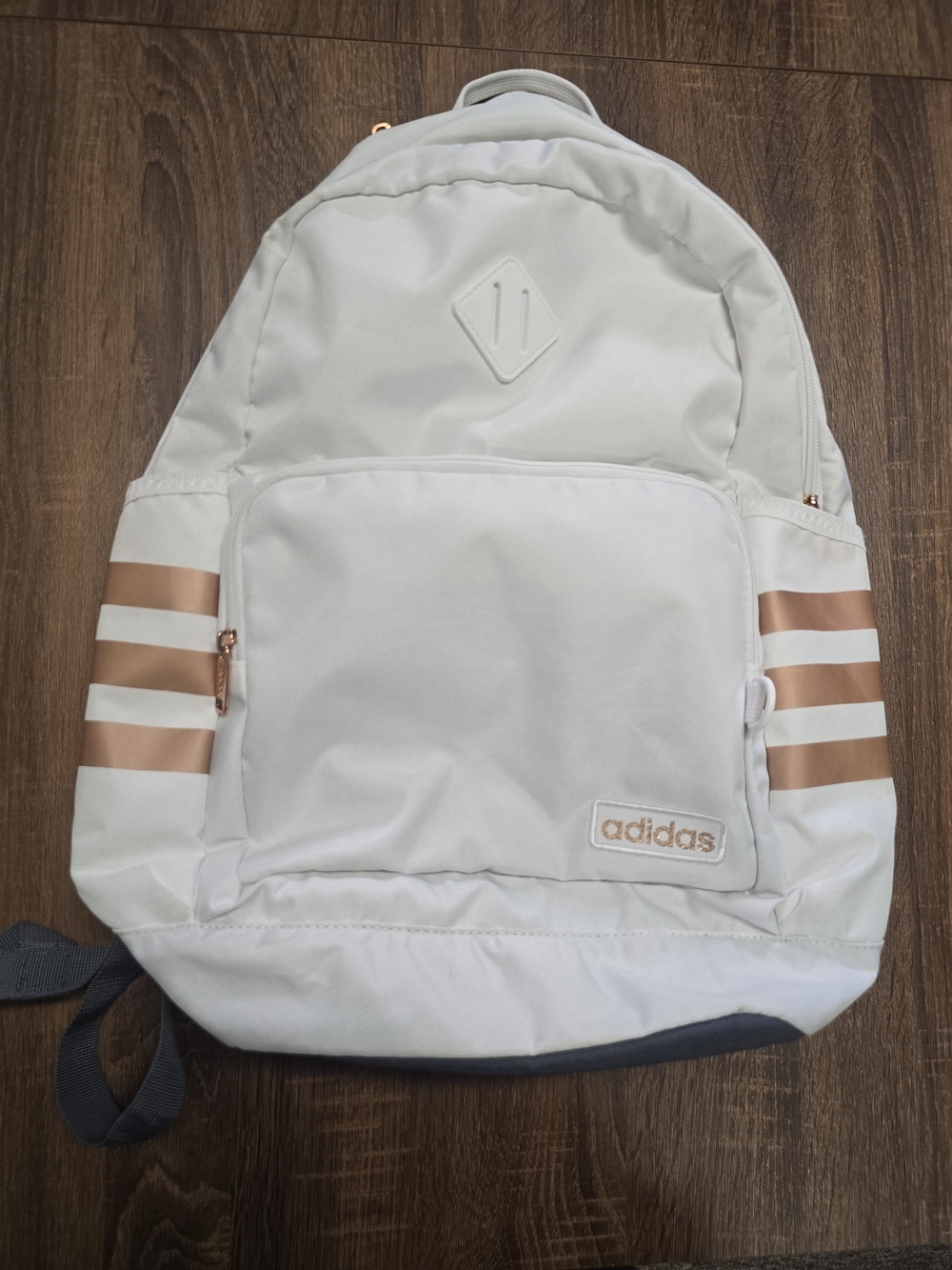 adidas White Backpack with Rose Gold Stripe Accents